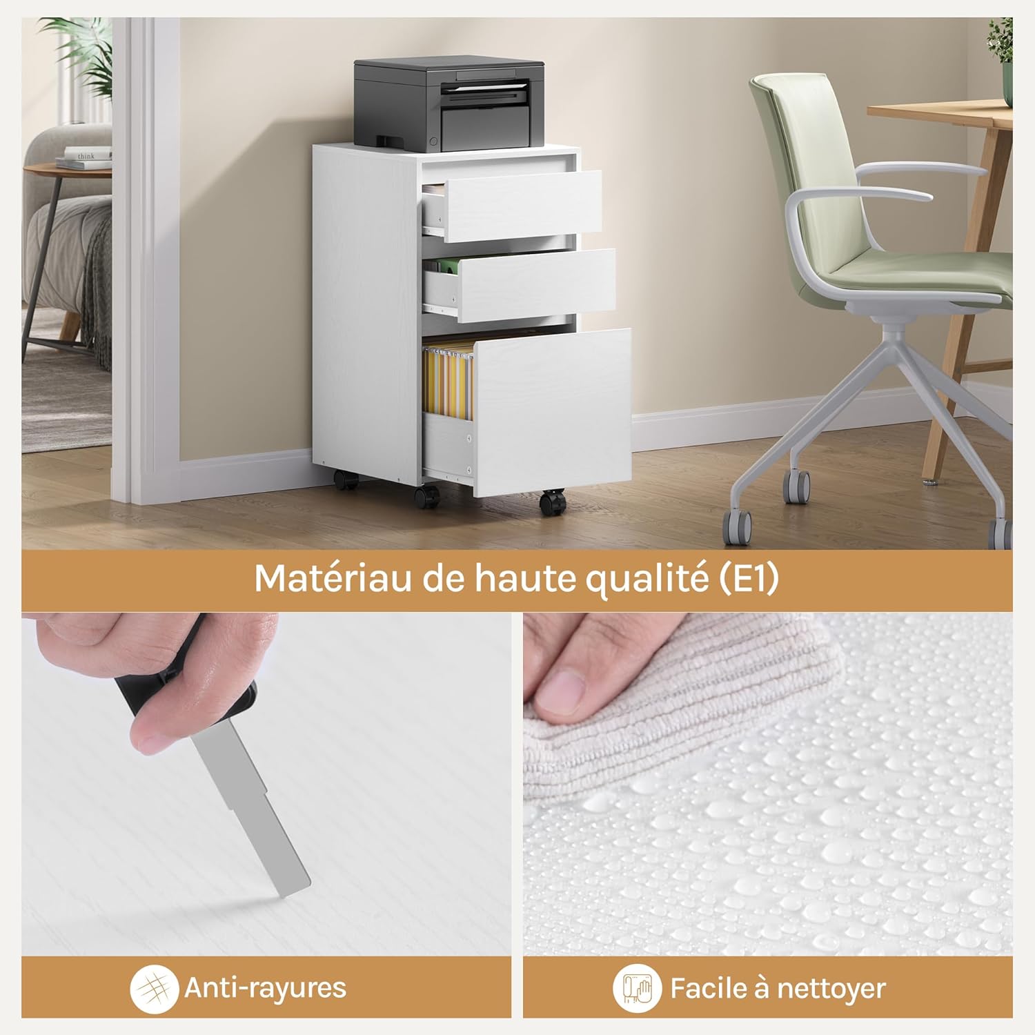 Caisson Bureau Mobile WOLTU, Meuble Rangement Bureau sur roulettes, avec 3 Tiroirs, Blanc, 40x40x70cm - 3