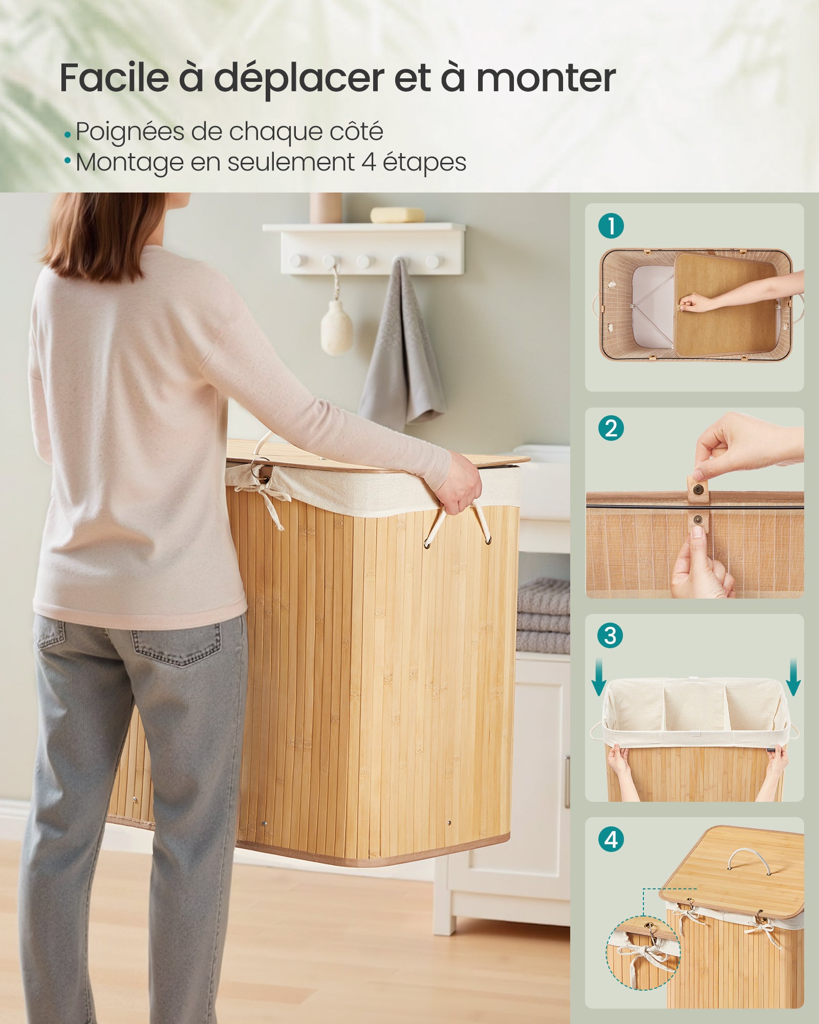 Panier à Linge avec Couvercle, 3 Compartiments, 170 Litres, en Bambou, Sac Amovible et Lavable en Machine, pour Buanderie, Naturel - 6