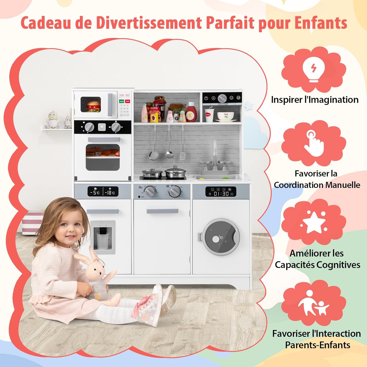 Cuisine Enfant avec Distributeur d’Eau & Machine à Laver, Cuisiniere Enfant avec Lumière & Effet Sonore,Micro-Ondes & Cafetière,Jeu de Cuisine - 4