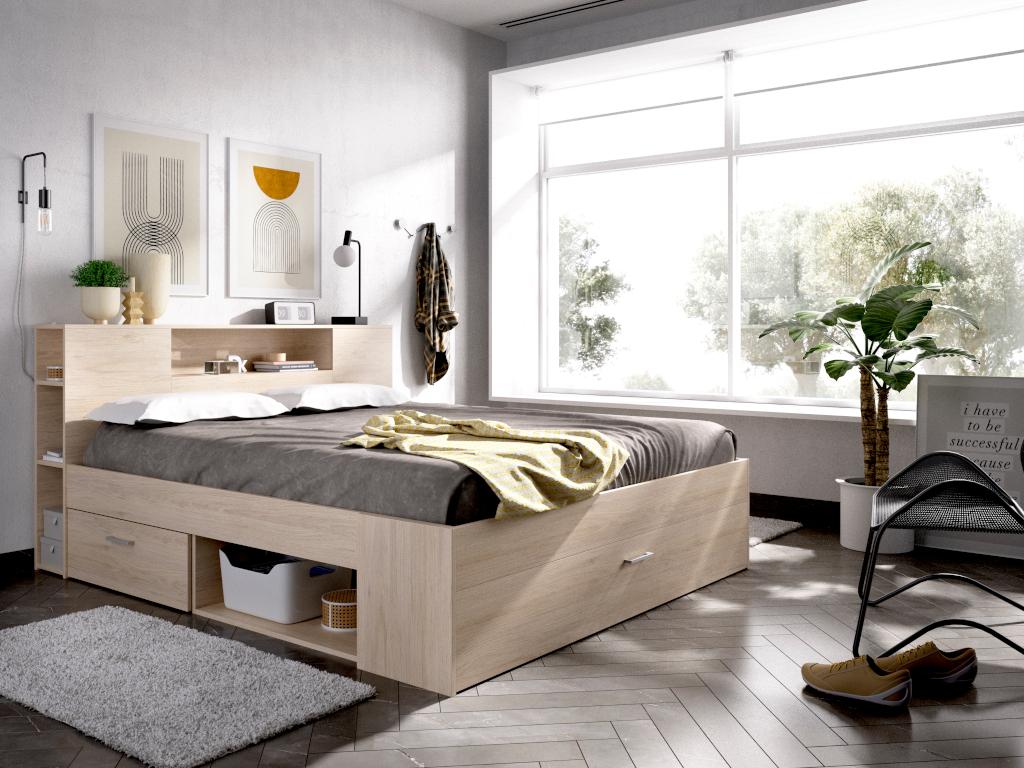 Łóżko ze skrzynią i szufladami - 140 x 190 cm - Kolory: naturalny + Stelaż + Materac - LEANDRE