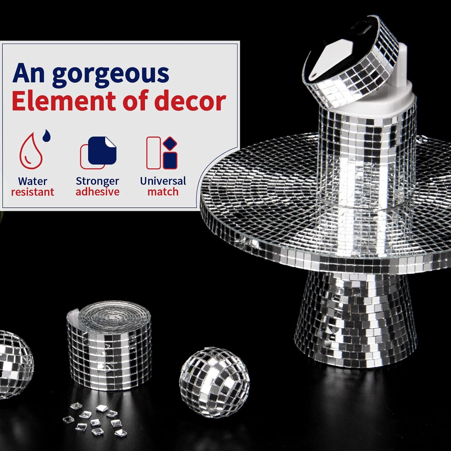 1888 pièces de mosaïque en verre, carreaux de mosaïque miroir autocollants, autocollants carrés, boule disco pour bricolage et décoration - Argent - 3