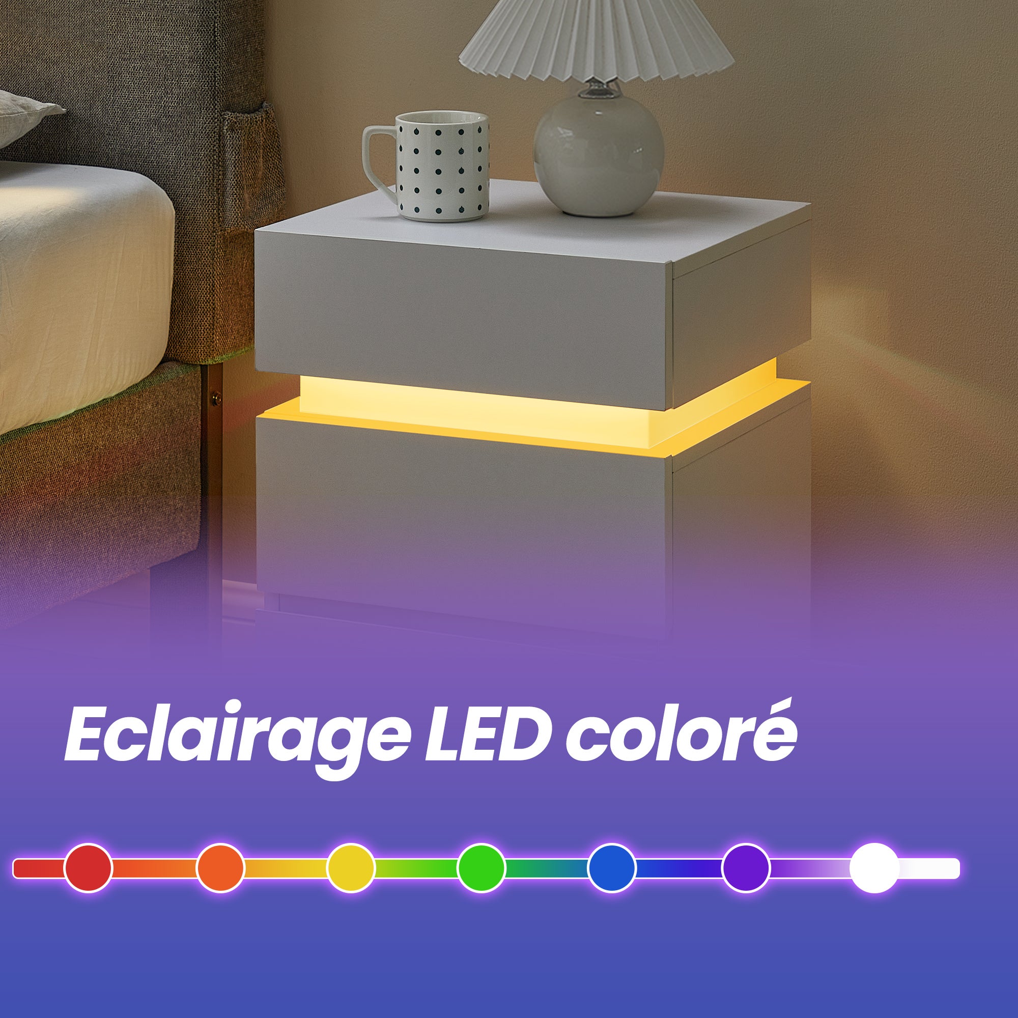 Table de Chevet avec Éclairage LED, Lot de 2, avec 3 Tiroirs, pour Chambre, Moderne, 35,1 x 40,1 x 55,1 cm, Blanc - 4