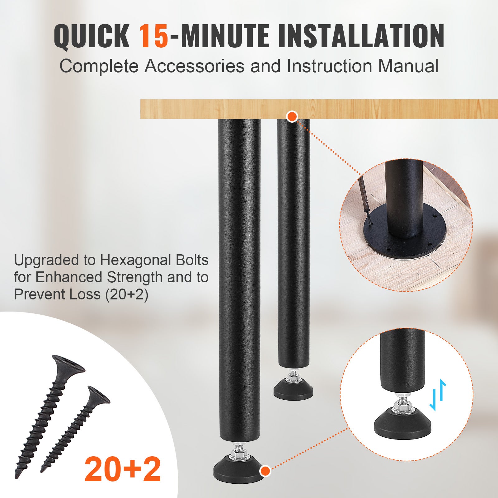 Pied de Table VEVOR 4PCS Pieds de Bureau Réglables 40,6 cm Acier Massif Capacité de Charge 544 kg Installation Rapide Pieds de Meubles Noirs - 6