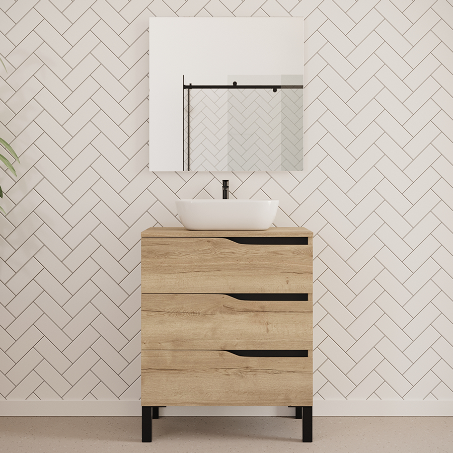 Meuble de salle de bain 60cm avec plateau miel et vasque à poser zeus - 3 tiroirs - sans miroir - blanc - MATA - 4