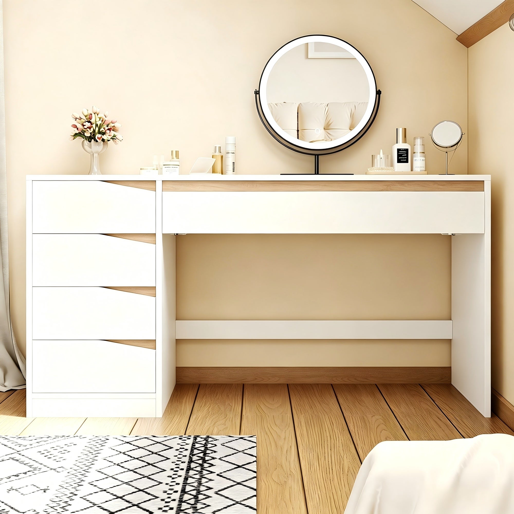 Bureau avec 5 tiroirs - Bureau informatique ou coiffeuse - Panneaux de particules - 140 x 50 x 78 cm - Blanc et chêne - 2