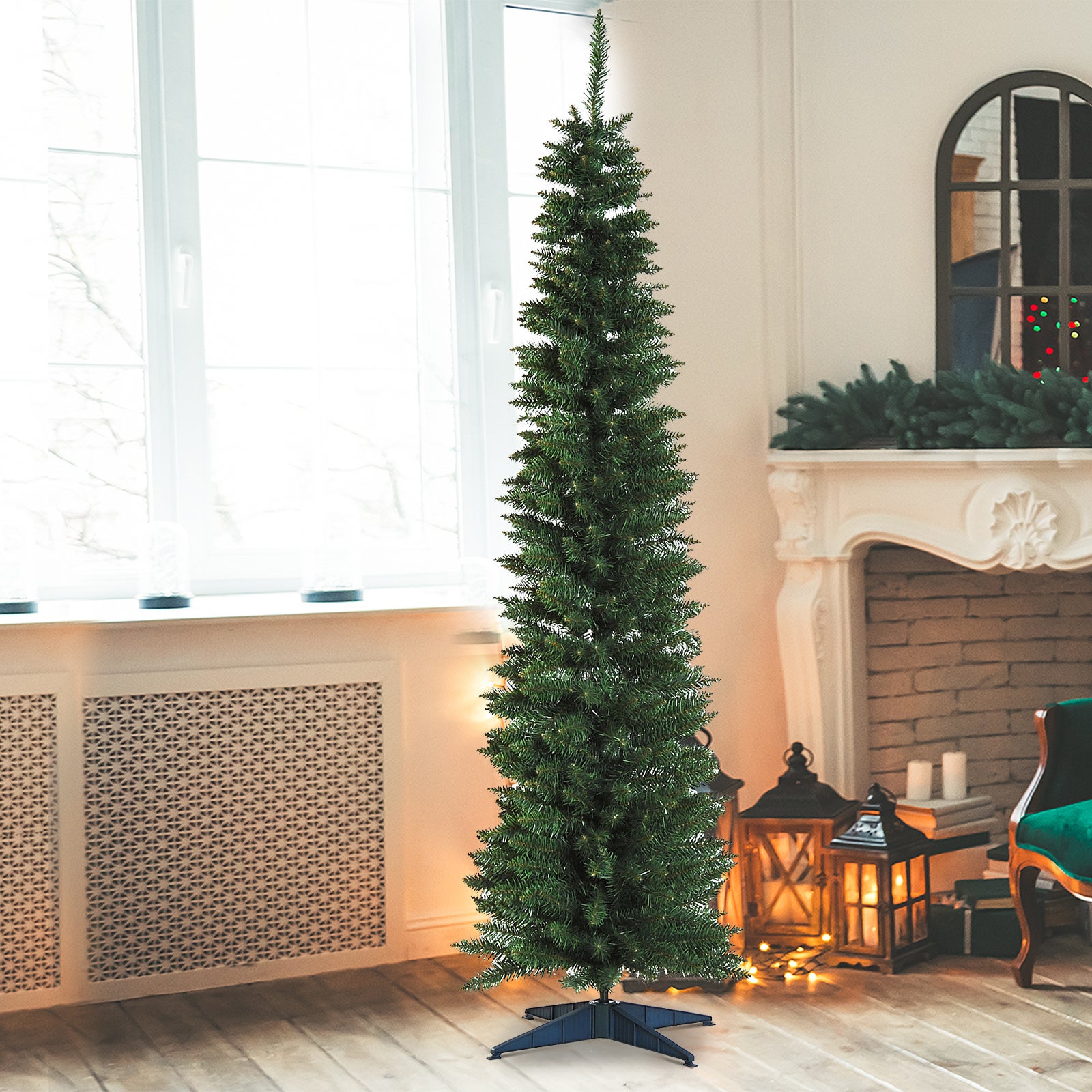 Sapin Noël artificiel étroit 180 cm 390 branches vert, base détachable, assemblage facile, décoration fêtes - 3