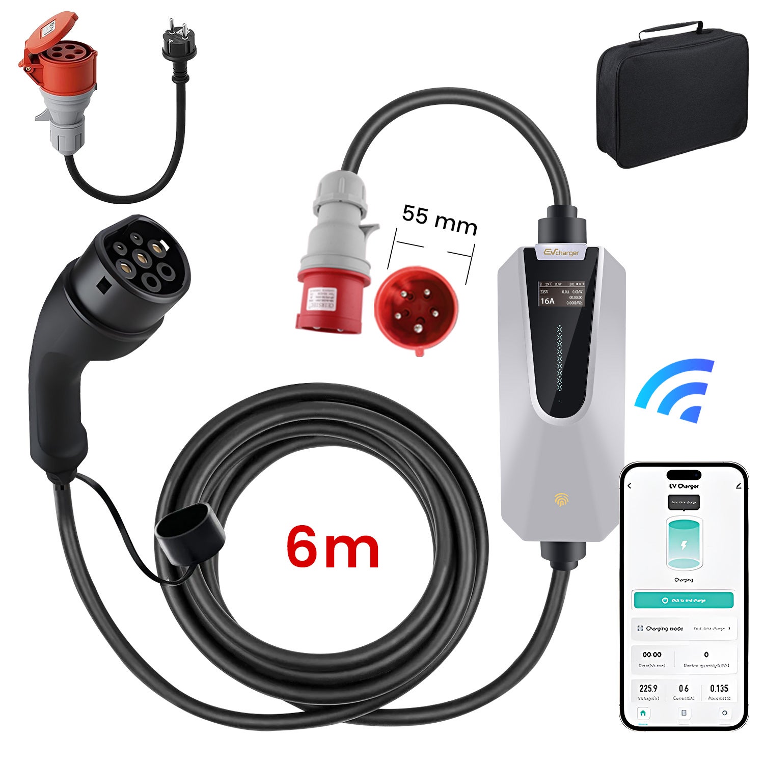Przenośna Ładowarka EV JUNSUN 3.5/11kW | Typ 2 | Kabel 6m | IP65 | Ładowanie 3-fazowe | Aplikacja