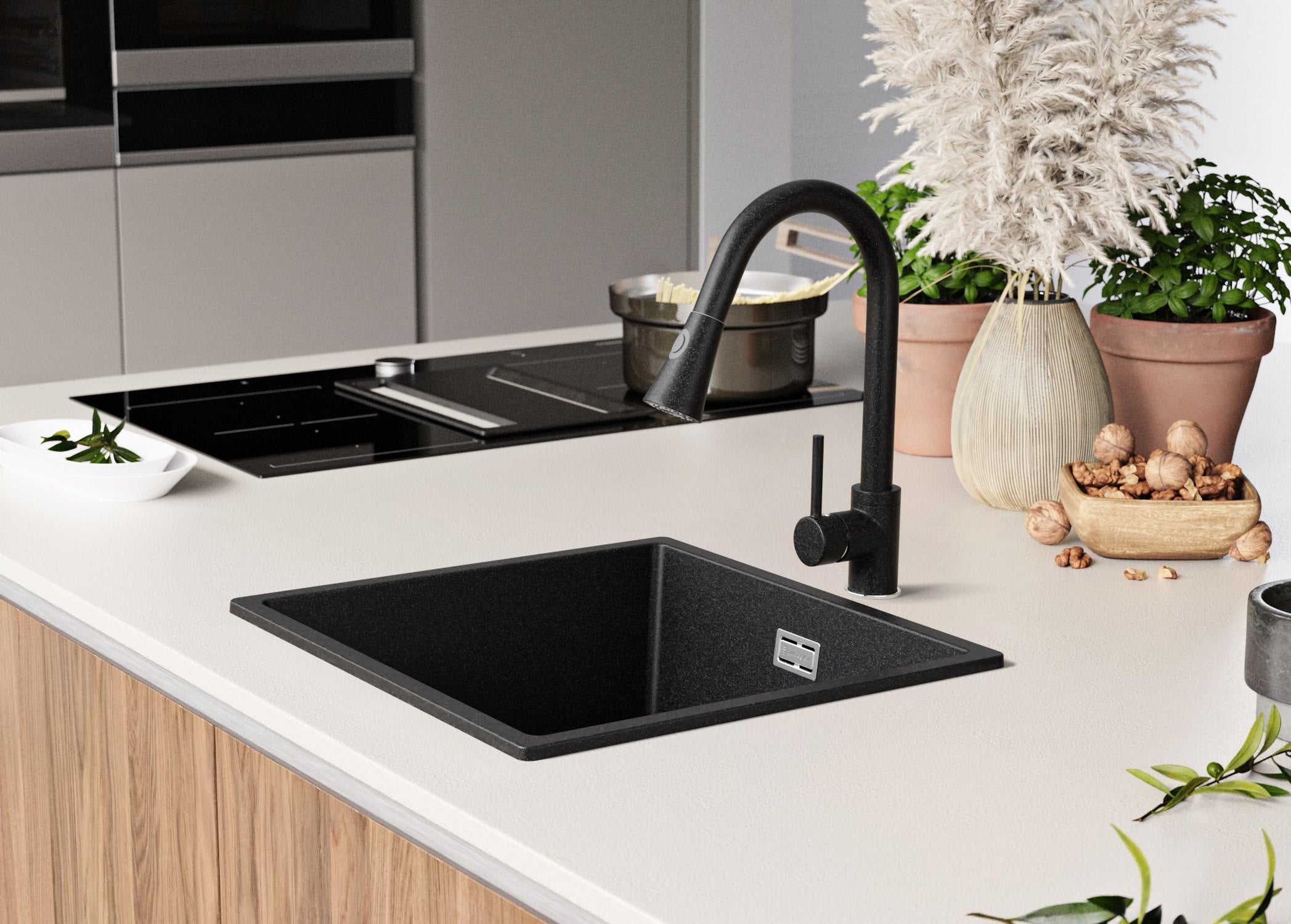 Evier Cuisine en Granit Graphite 46x47cm, Lavabo 1 bac + Kit de Vidage, Évier à Encastrer au meuble 50cm - London Slim PRIMAGRAN - 9