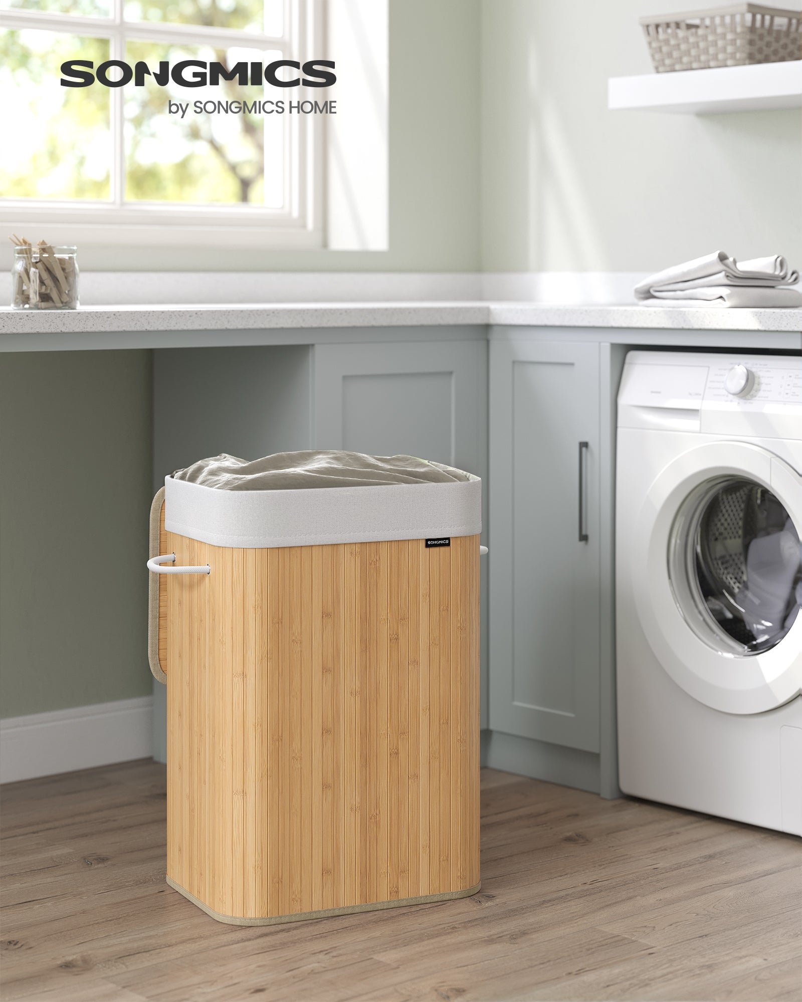 Cesto de la Ropa Sucia con Tapa, 72 L, Cesto de Lavandería de Bambú, Plegable, con Bolsa Lavable Extraíble, Asas, para Lavandería, Dormitorio, Natural - 2