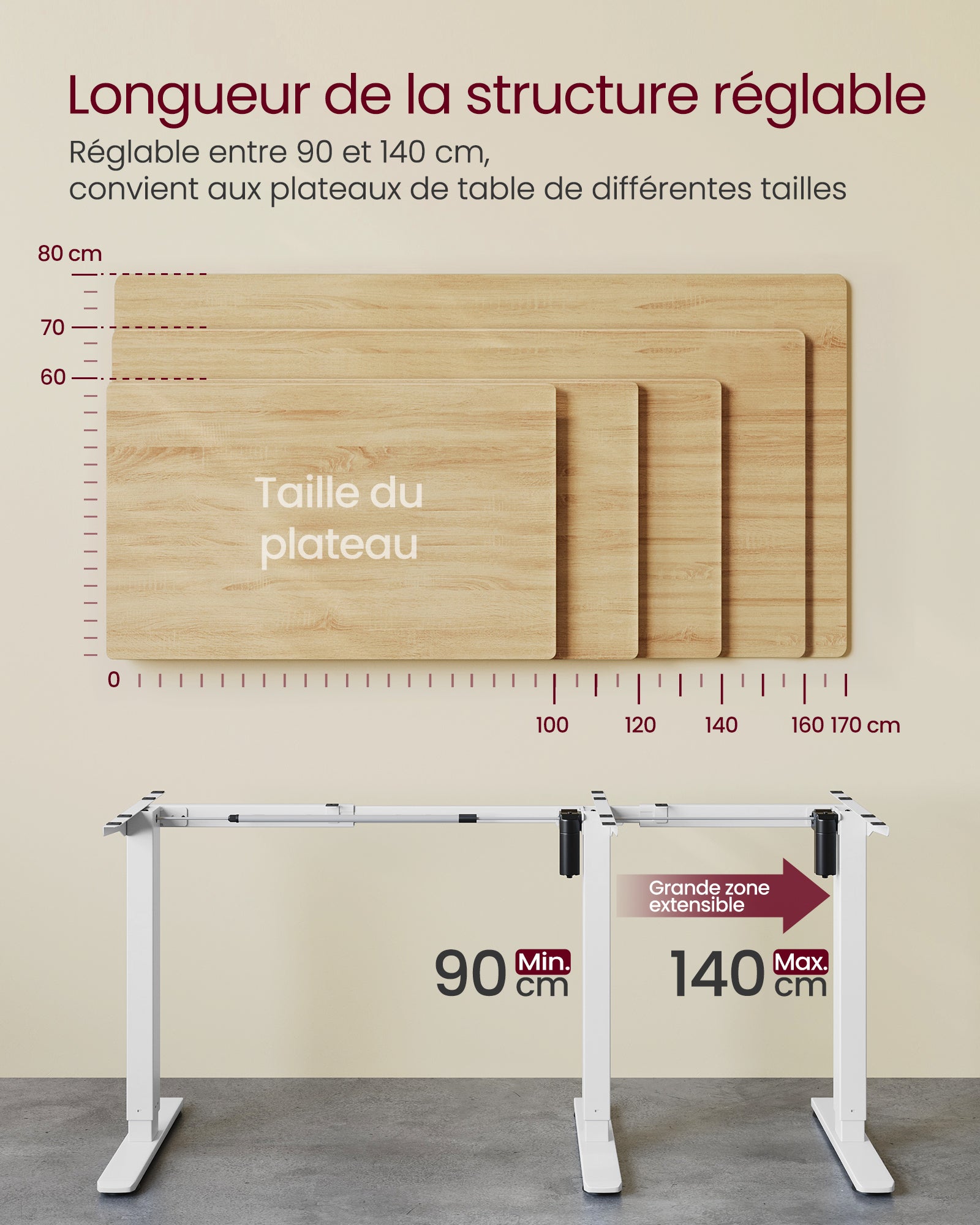 Bureau Électrique Réglable en Hauteur, Cadre de Bureau Assis-debout, avec 2 Crochets, Fonction Mémoire 3 Hauteurs, Acier, Blanc Mat - 3