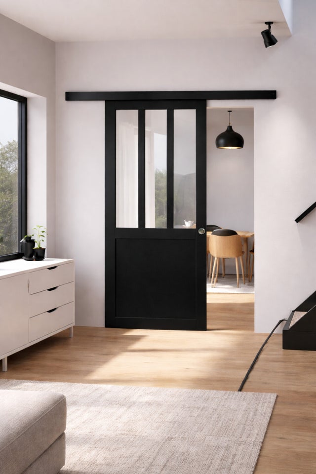 Porte Coulissante Atelier Noir H204 X L93 Cm, Rail Alu Bandeau Noir, Coquilles Gd Menuiseries