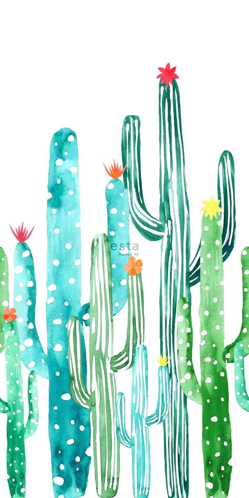 Fotomural cactus en flor pintados a la acuarela verde selva tropical y turquesa - 150 x 279 cm - estahome