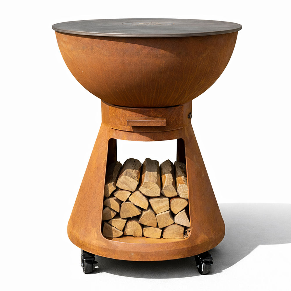 Tempo Style – grill z drewna corten i węgla drzewnego z Jukatanu | Grill zewnętrzny ze stali corten z kółkami i rusztem ze stali nierdzewnej 316