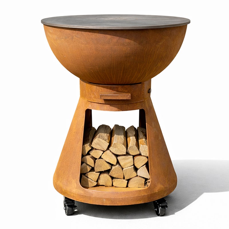 Tempo Style – grill z drewna corten i węgla drzewnego z Jukatanu | Grill zewnętrzny ze stali corten z kółkami i rusztem ze stali nierdzewnej 316