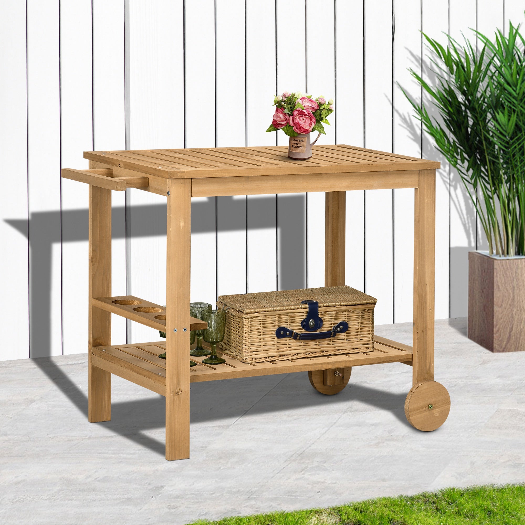 Desserte de jardin chariot pour plancha barbecue en bois avec poignée 2 plateaux et porte-bouteilles 95 x 47 x 74 cm - 4