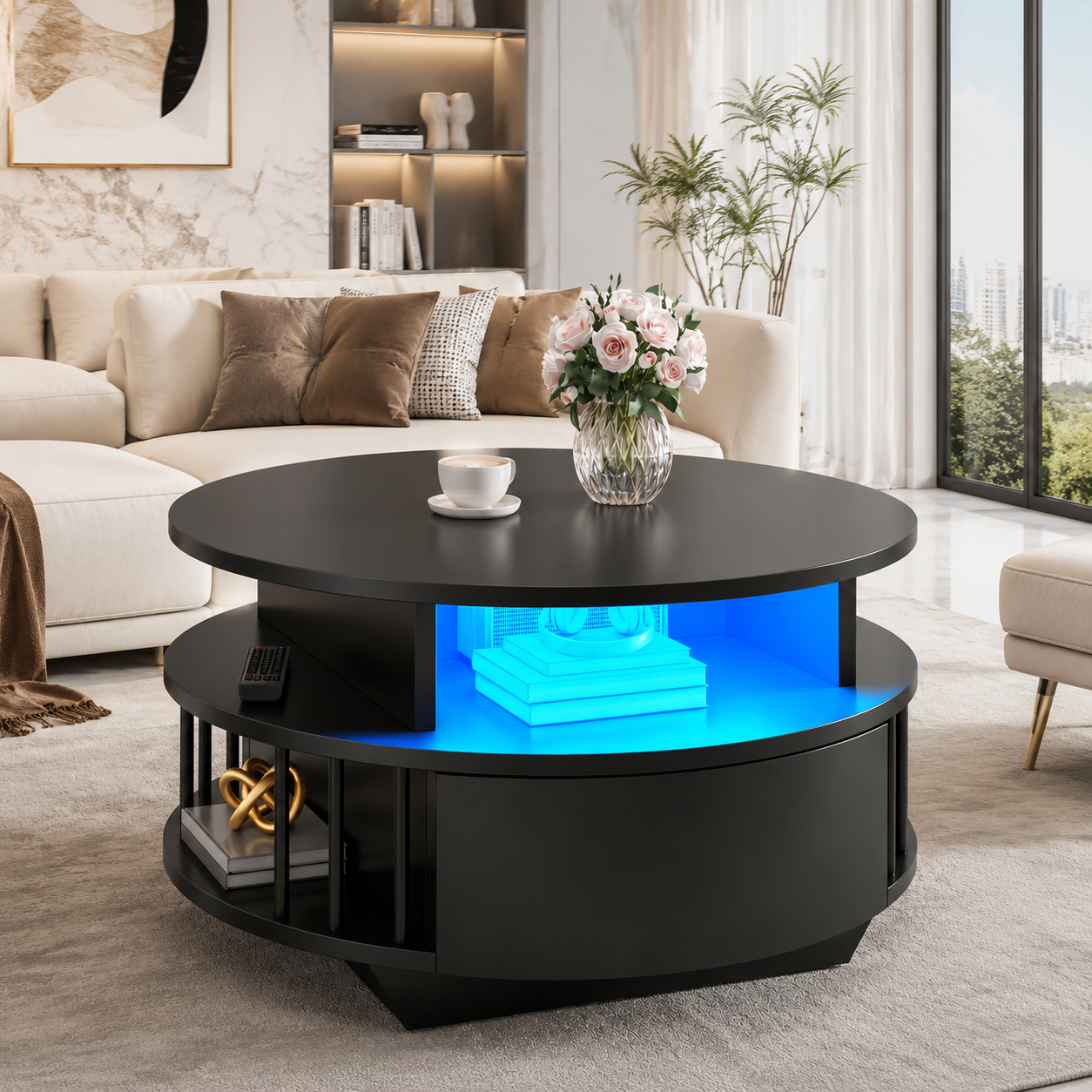 YITAHOME Table Basse Ronde Moderne LED 70cm, 2 Niveaux et 2 Tiroirs, Design Canné, Table d'Accent Salon, Noir - 2