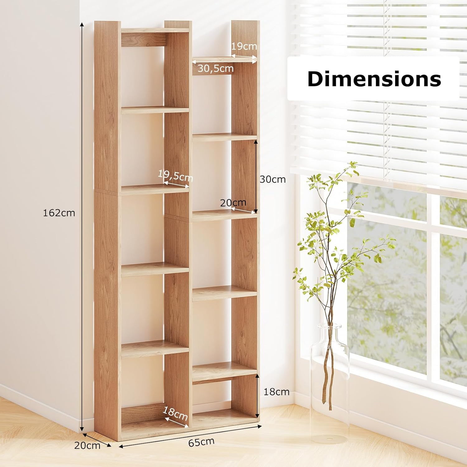 Bibliothèque Étagère à 6 Niveaux, Bibliothèque avec 10 Cubes Ouverts, 2 Étagères Supérieures, pour Salon, Bureau,65 x 20 x 162 cm (Naturel) - 3