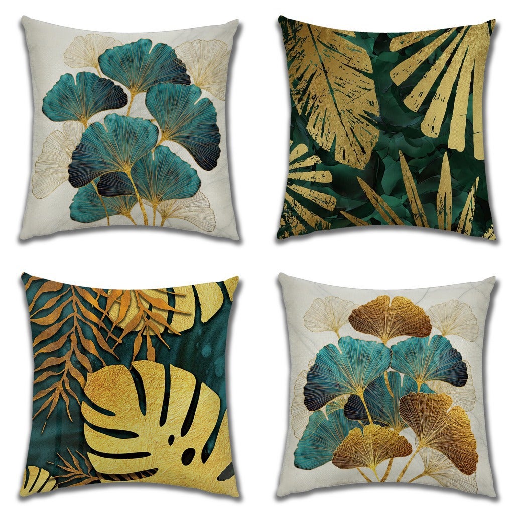 Poszewka na poduszkę z nadrukiem botanicznym, wodoodporna, komplet 4 sztuk, kwadraty 40x40 cm, zielone liście, lniana poszewka na poduszkę na sofę.