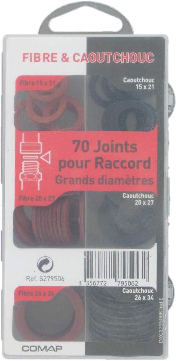COMAP Coffret de 70 joints d'étanchéité fibre et caoutchouc pour raccord - Dimensions 20x27, 15x21, 26x34 - S279506 - 2