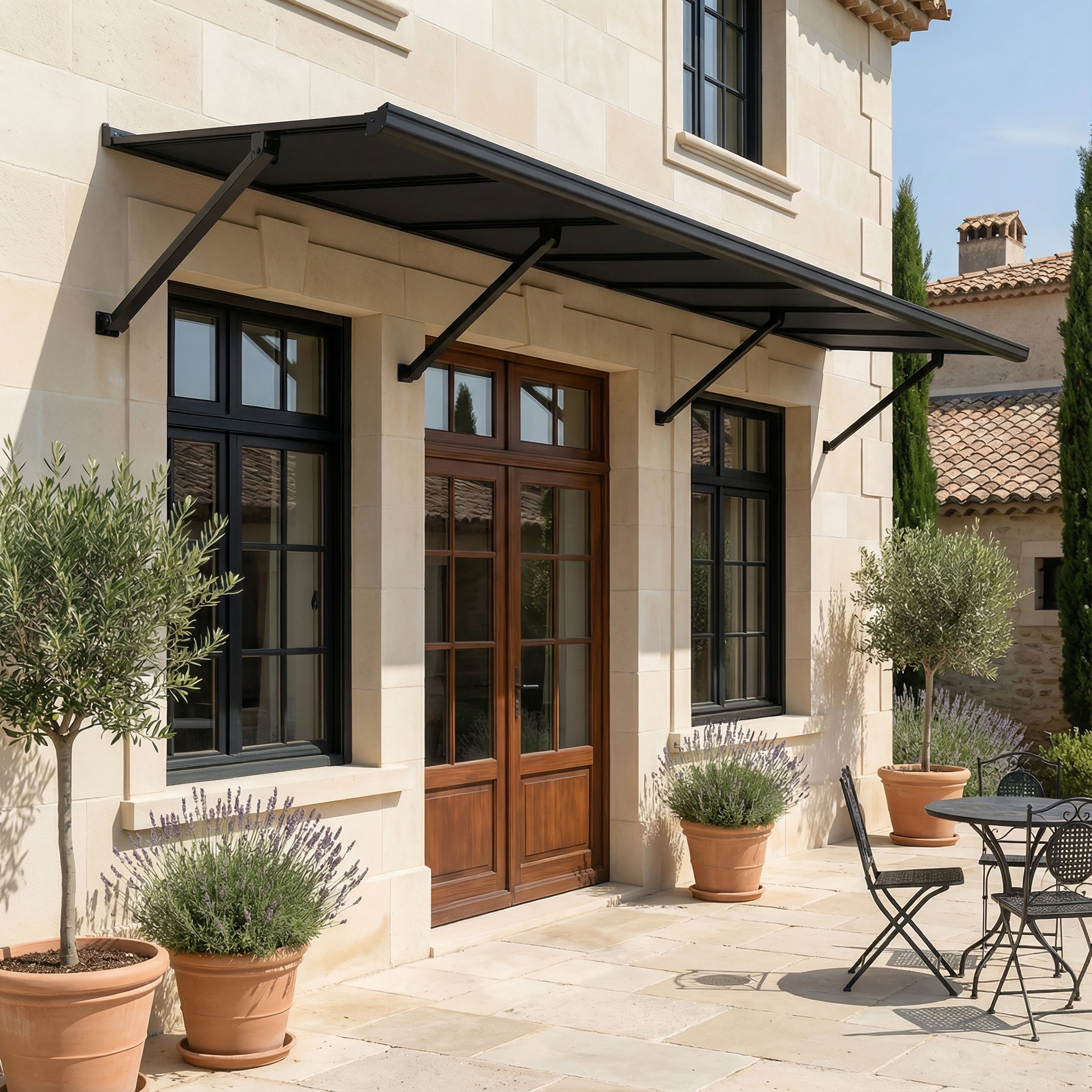 Auvent de porte Augustine 294 x 90 cm \n Structure noire / Panneaux ...