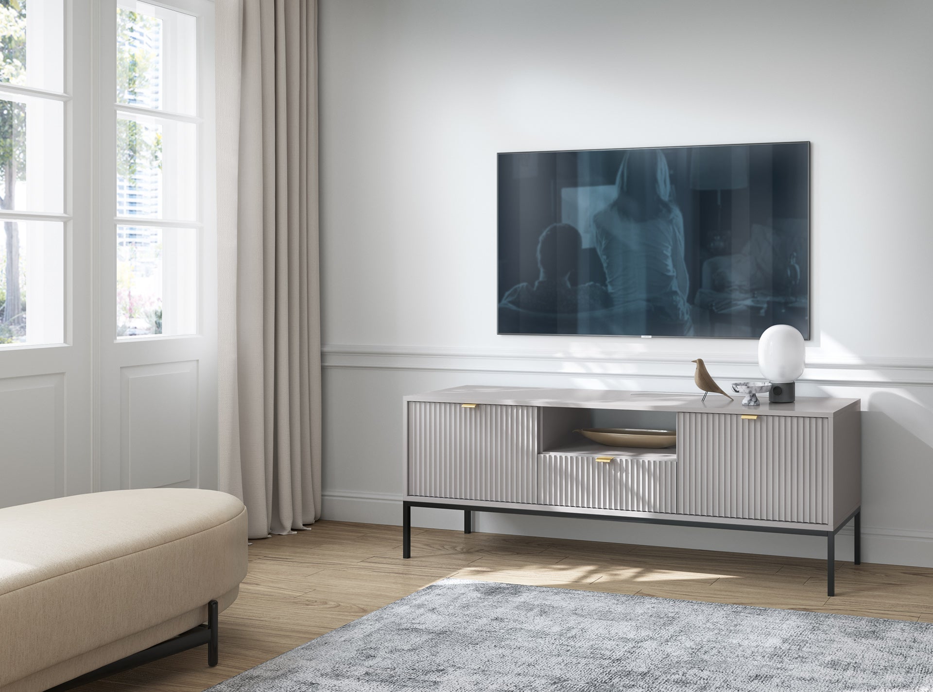 Szafka TV: 1 szuflada, szara, stelaż czarny, 154 x 56 x 39 cm, złote uchwyty - 4