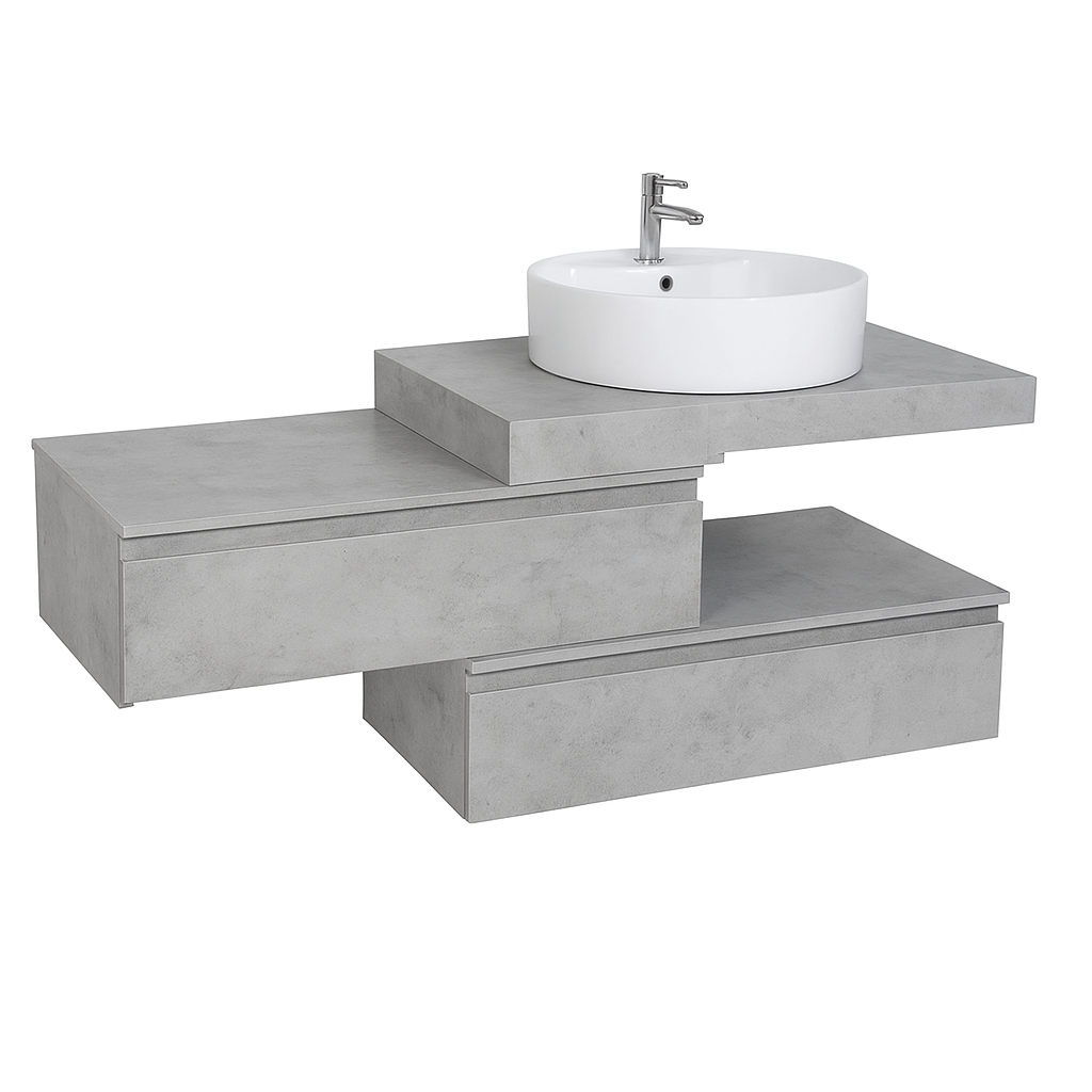 Mobile bagno sfalsato sospeso 100 cm in legno color cemento chiaro con 2 cassettoni, lavabo, specchio e faretto a led I Made in Italy - 3