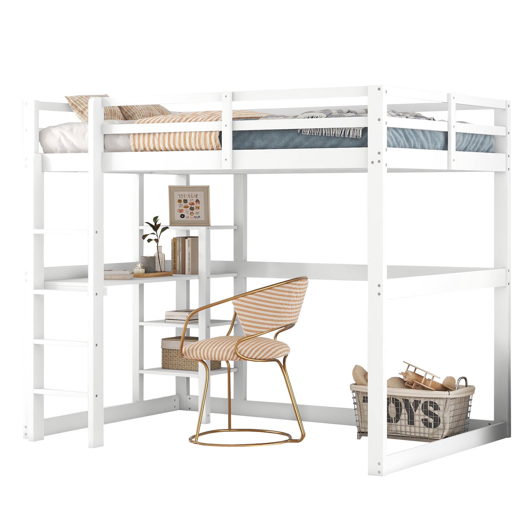 Letto A Soppalco 140x200 Cm In Pino Con Scrivania E 4 Ripiani – Bianco, Portata 150 Kg