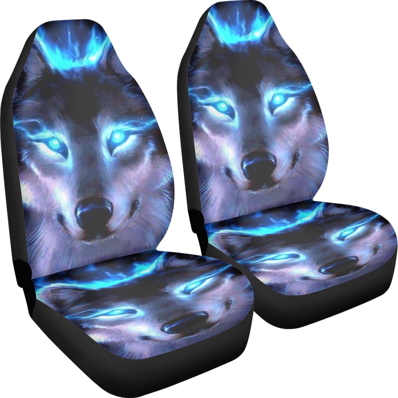 Zestaw 2 pokrowców na fotele samochodowe z neonowoniebieskim wzorem wilka, dla kobiet i mężczyzn, uniwersalny dodatek dekoracyjny do wnętrza z nadruk