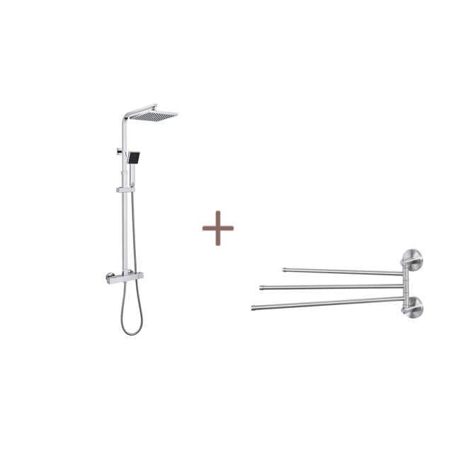 Auralum MAX Clone DocciaTermostatico Quadrato, Sistema Doccia Corpo in Ottone+Portasciugamani Inox con 3 Barre Rotanti 180°, Spazzolato (40CM)