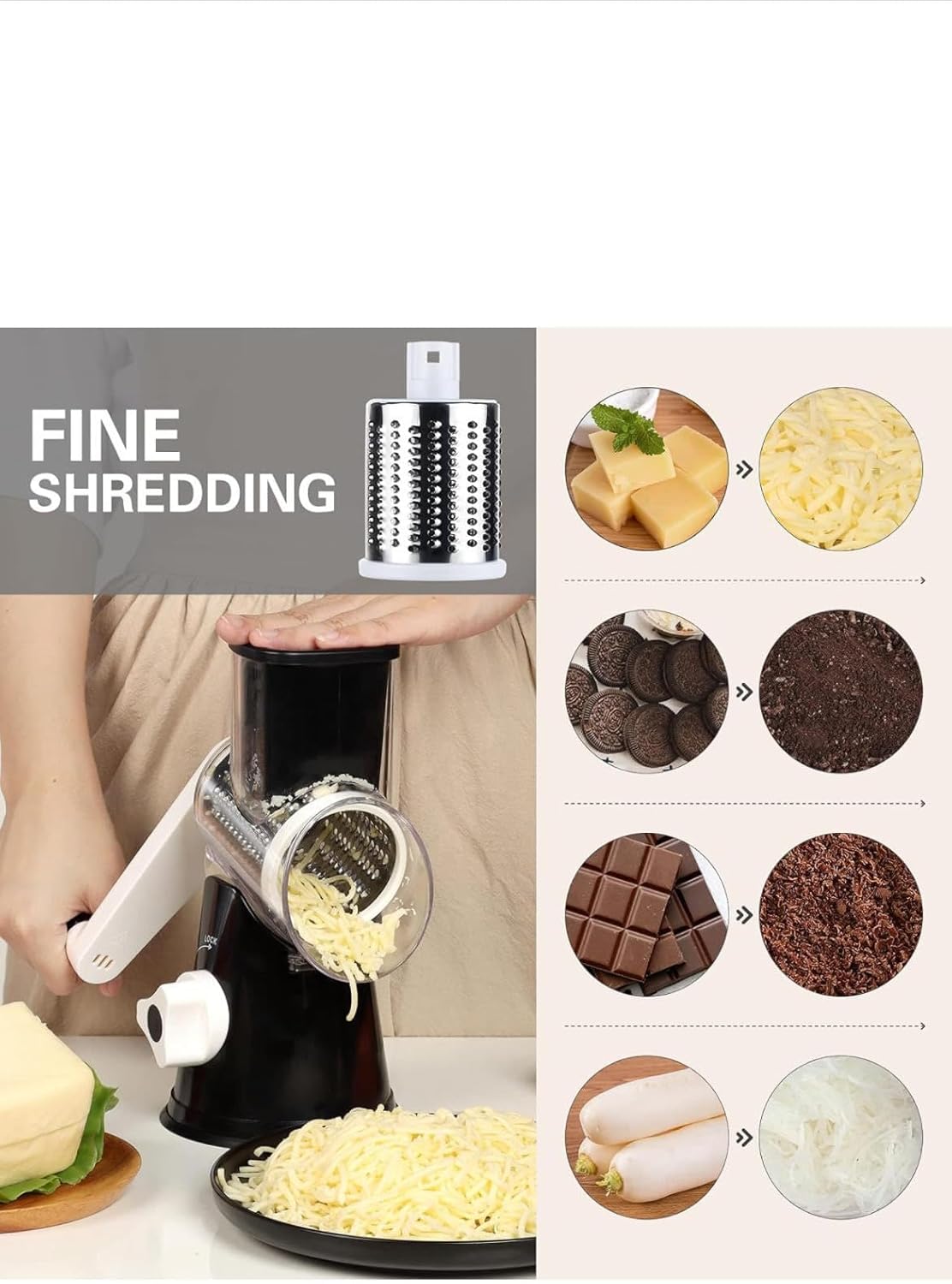 Grattugia per formaggio - Grattugia per verdure con 3 lame rotanti - Può essere utilizzata per grattugiare formaggio, cetrioli, carote, noci e altre - 4