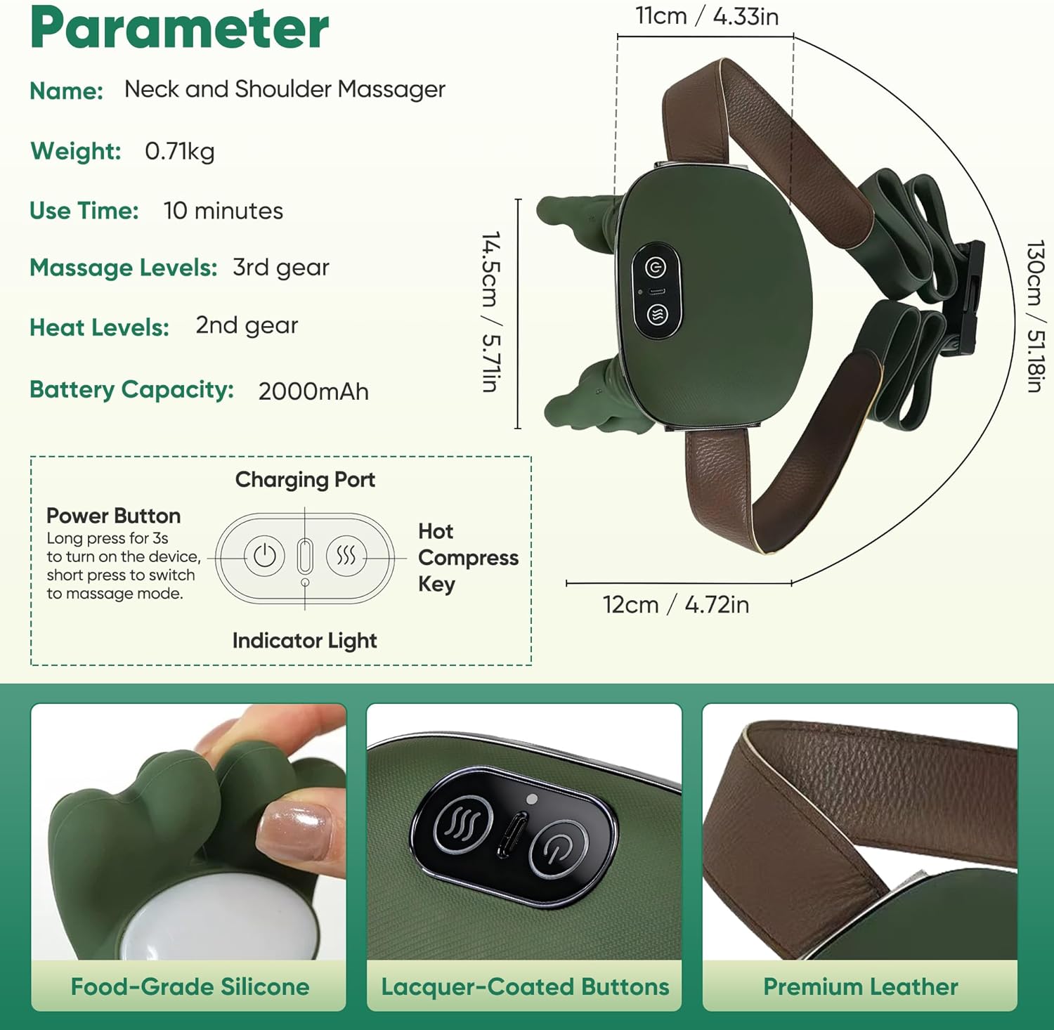Appareil de massage pour les épaules et la nuque, masseur chauffant bionique, masseur de nuque avec doigts, massage par pétrissage 4D (vert) - 7