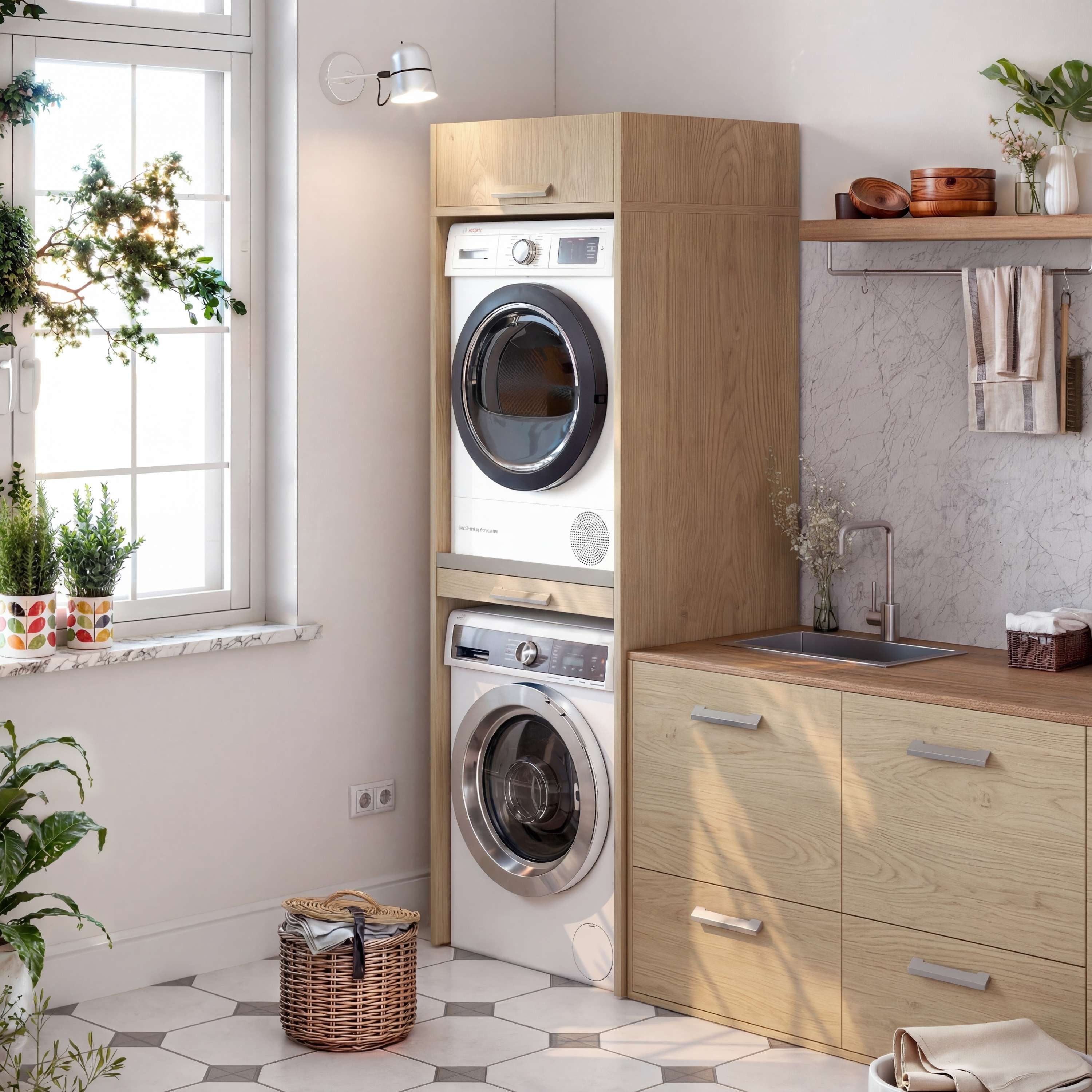 Mueble columna lavadora secadora con mueble alto T-BATH 67,2x208cm roble esp.22 mm - 2
