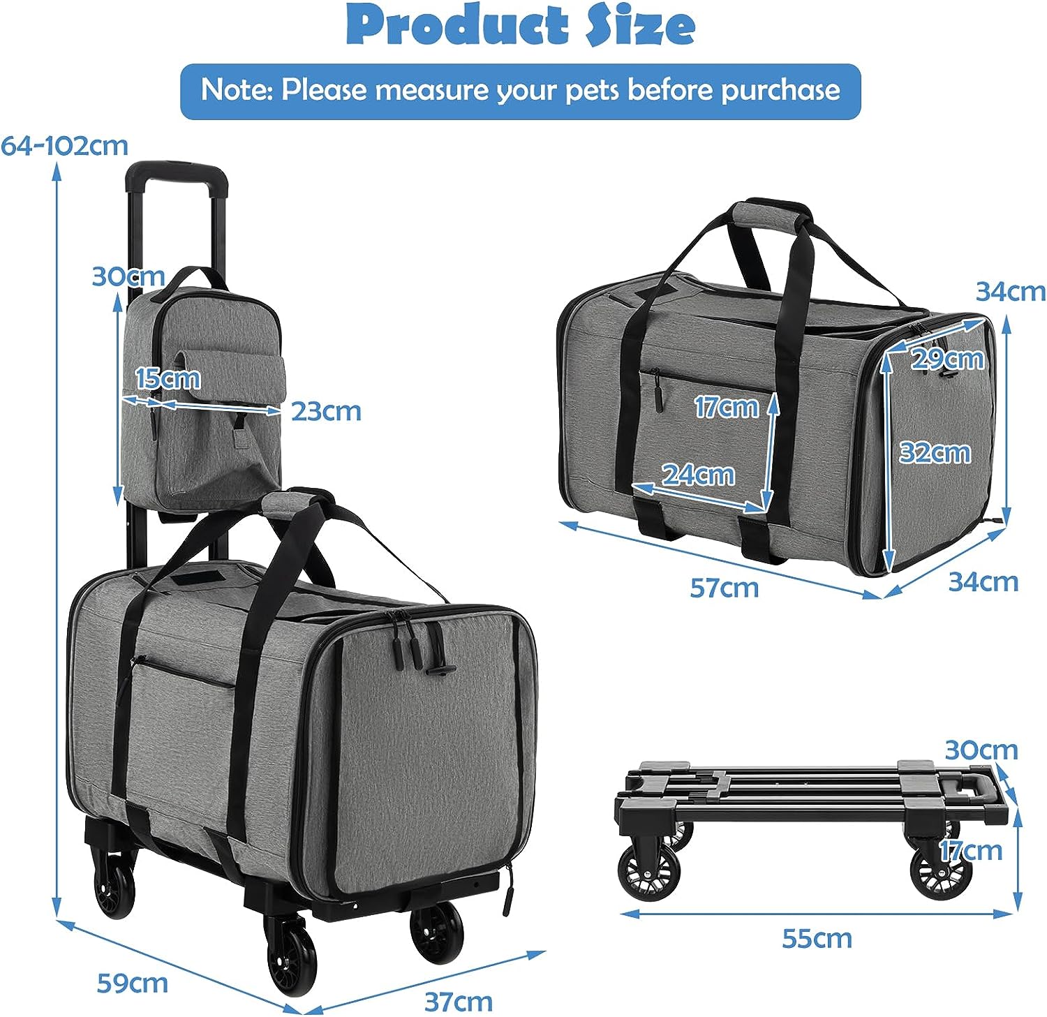 Mochila com rodas para cães e gatos, saco de transporte com rodas, capacidade de carga 100KG, cinzento - 2