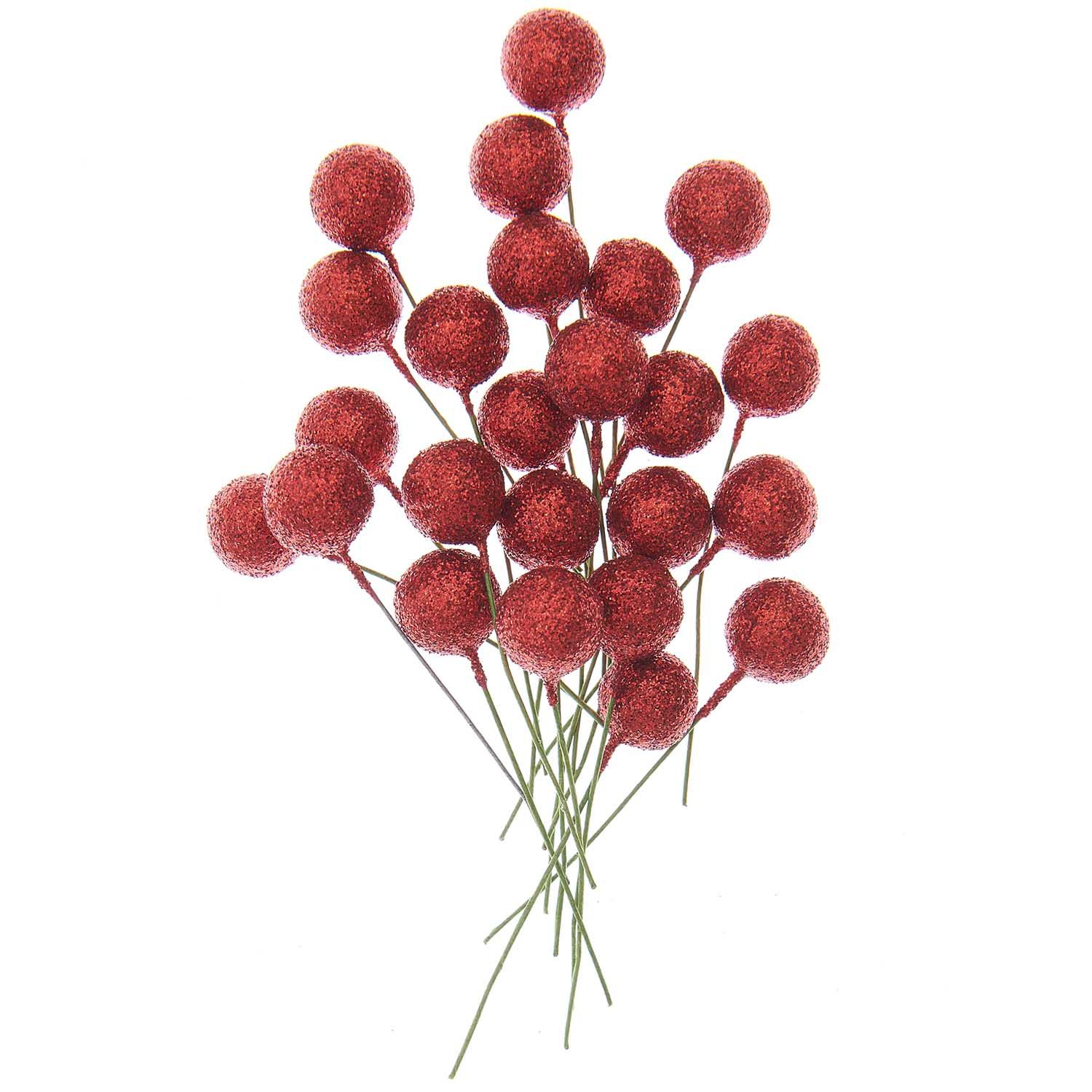 Lot De 100 Baies Artificielles Rouges Givrées Sur Fil De Fer - Décoration Noël, Compositions Florales - 8