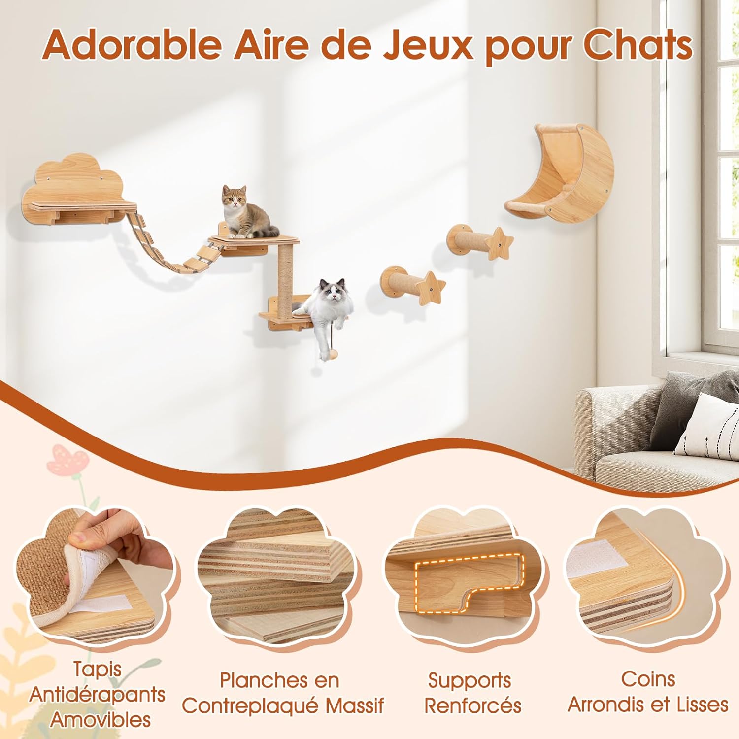 Arbre à Chat Mural en Bois, 6 Pcs Parcours Chat, Hamac en Forme de Lune, Pont, Tour pour Chaton à 2 Niveaux, Plateforme, 2 Marches - 3