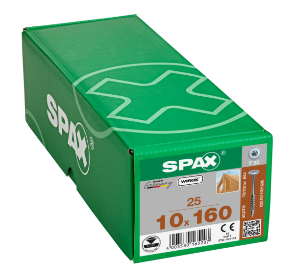 SPAX T-TAR plus 251011001605 - Viti per costruzioni in legno, 10,0 x 160 mm, testa piatta, filettatura parziale, 4CUT, WIROX A3J, 251011001605