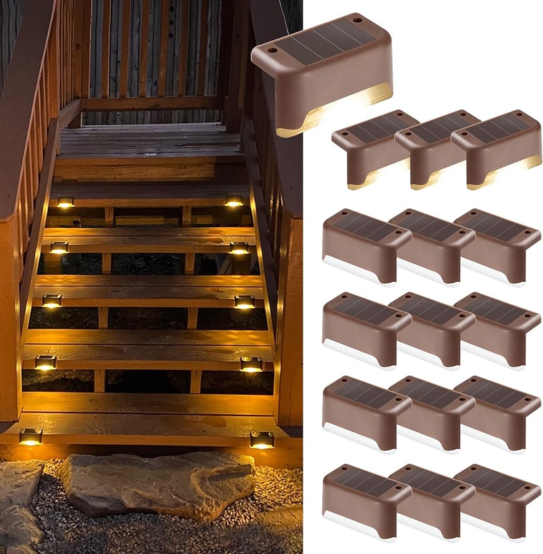 Lampy solarne zewnętrzne, 16 lampek schodowych LED do ogrodzenia, podwórka, patio, ścieżki, dekoracji (brązowe, ciepła biel)