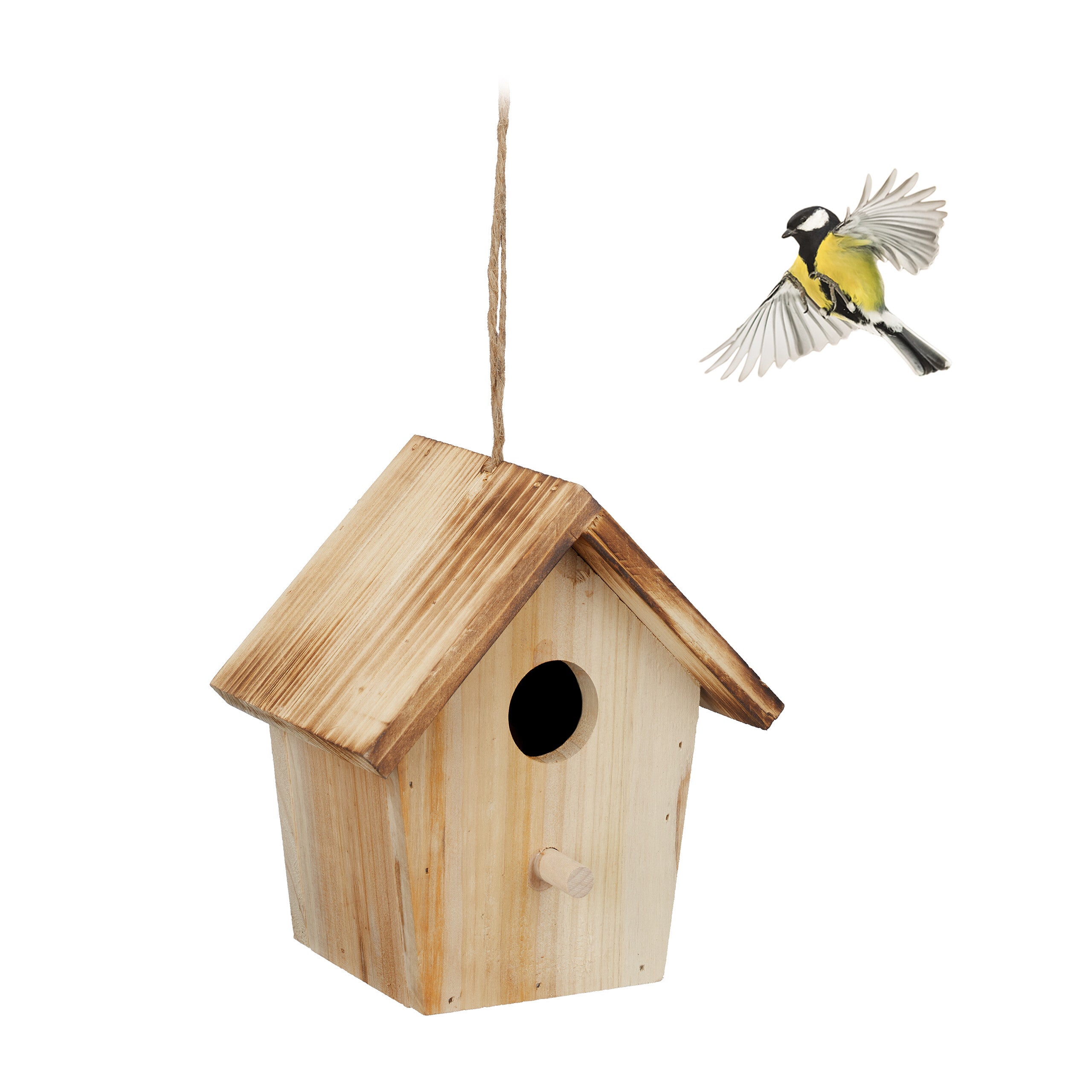 Relaxdays casa pájaros decorativa madera quemada, pajarera colgante, 16 x 15 x 11 cm, adorno jardín, balcón, natural