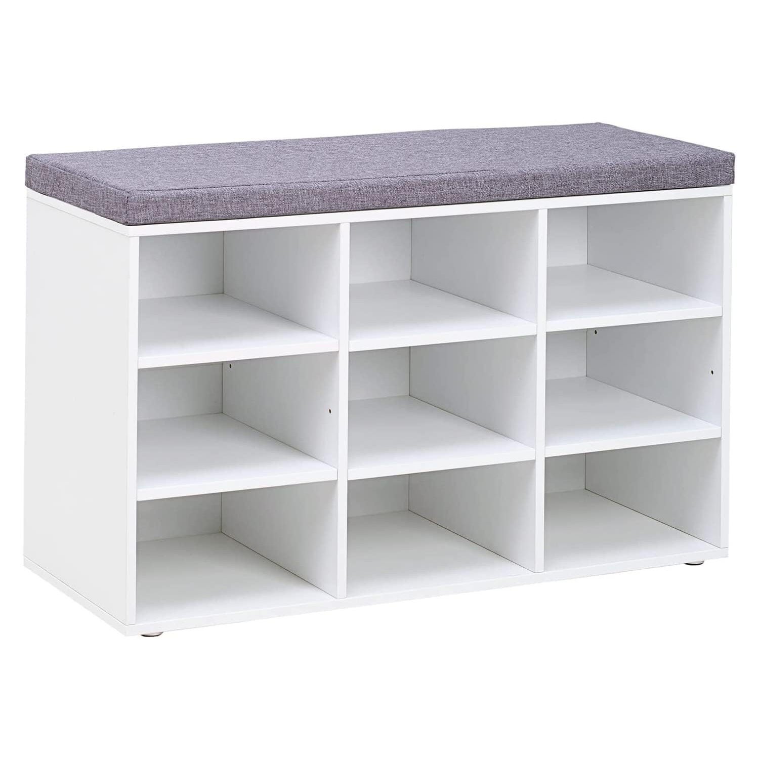 VASAGLE Banca pentru pantofi cu sezut tapitat, 9 compartimente si rafturi reglabile, 79x30x48 cm, alb
