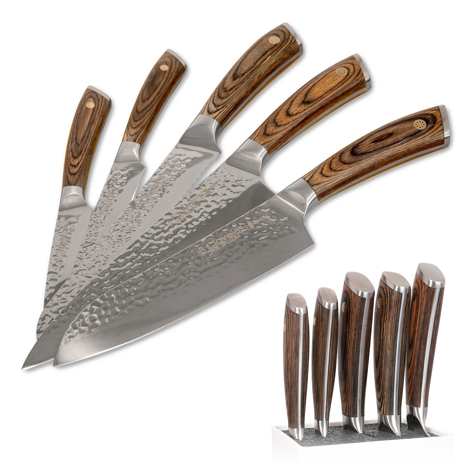 3 Claveles Sakura - Juego Premium de 4 Cuchillos Acero Forjado con Hoja Martilleada | Leroy Merlin 3 Claveles Sakura - Juego Premium de 4 Cuchillos Acero Forjado con Hoja Martilleada | Leroy Merlin