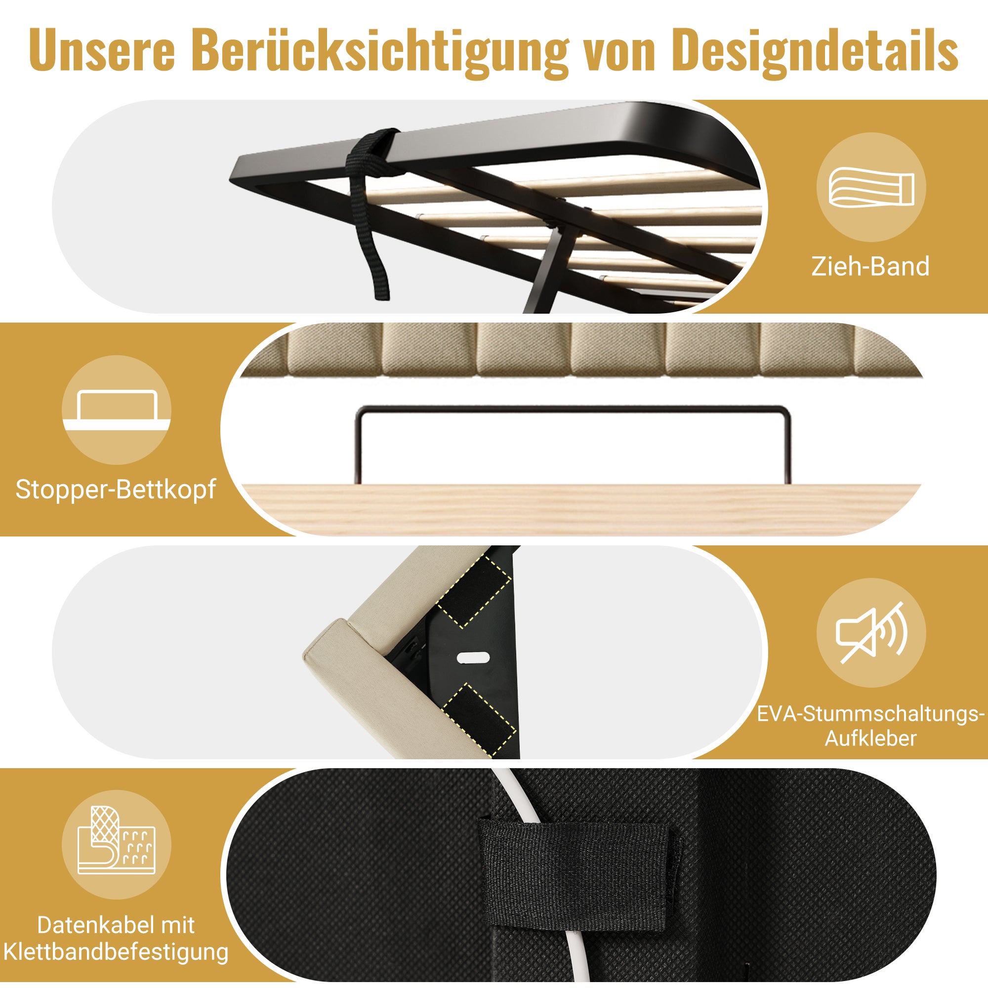Lit coffre 160 x 200 avec tête de lit de rangement - Charge USB & Type-C et LEDs - Tissu en lin - Beige (sans matelas) - 7