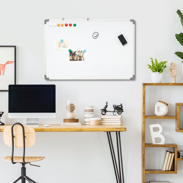 Tableau mural magnétique avec bords arrondis - tableau blanc en aluminium - marqueurs et aimants - gomme - 90x60x1,8 cm