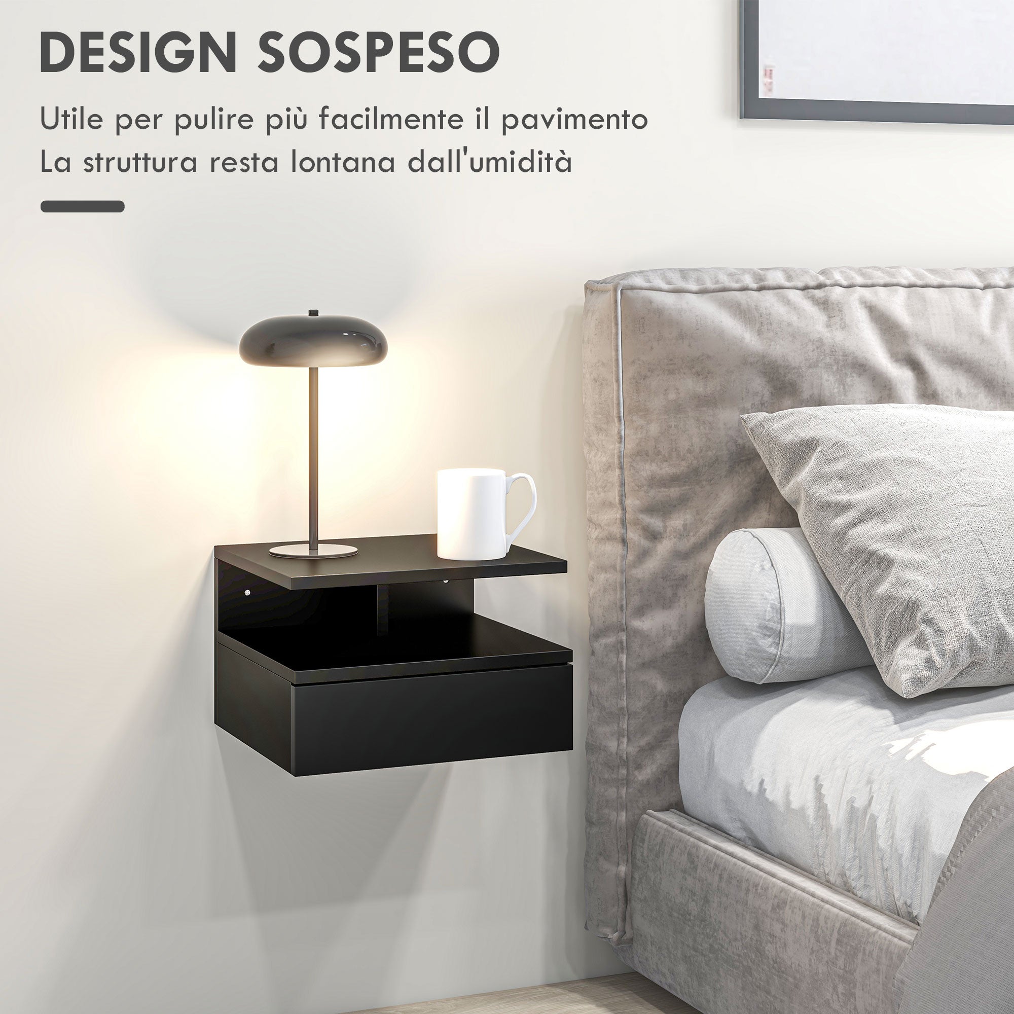 HOMCOM Set da 2 Comodini Moderni Sospesi per Camera da Letto con Cassetto e Mensola Superiore in Legno 35x32x22.5cm, Nero - 4