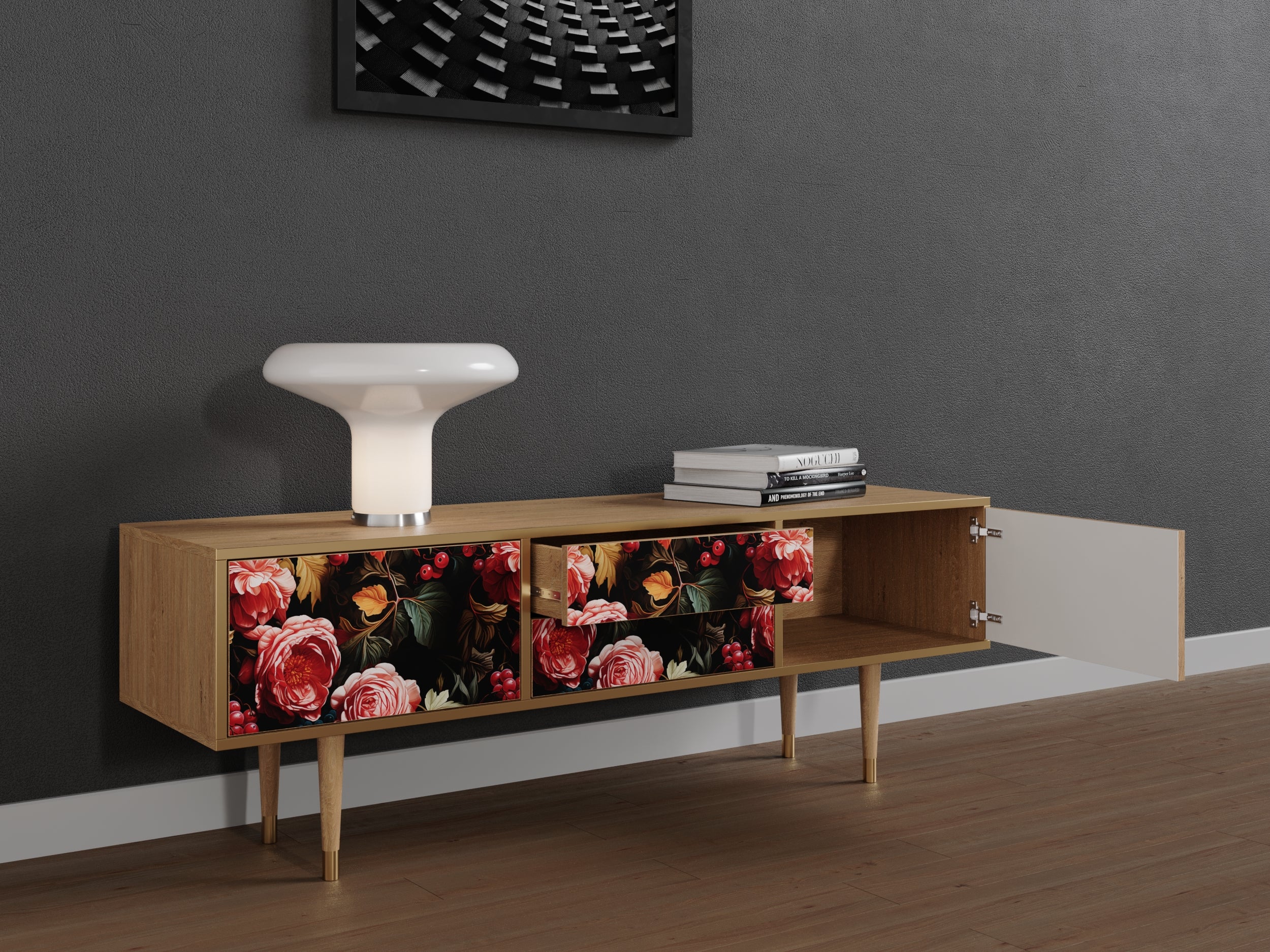 Mobile TV con due porte e due cassetti, lungo 170 cm, in rovere - 3