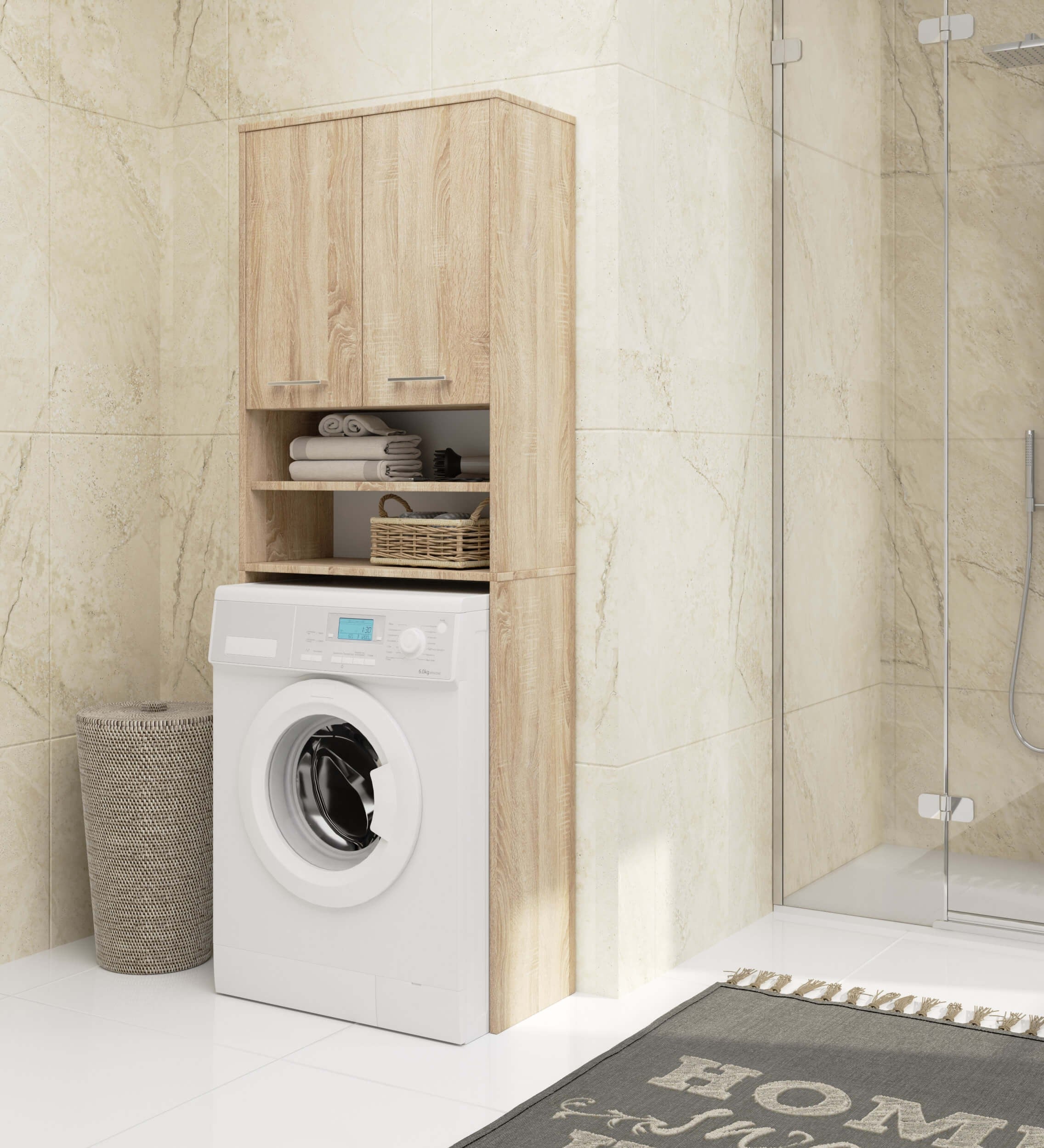Meuble pour machine à laver AKORD FIN Chêne Sonoma 64 cm 2 portes façade Chêne Sonoma 4 étagères 64x30x180 cm - 4
