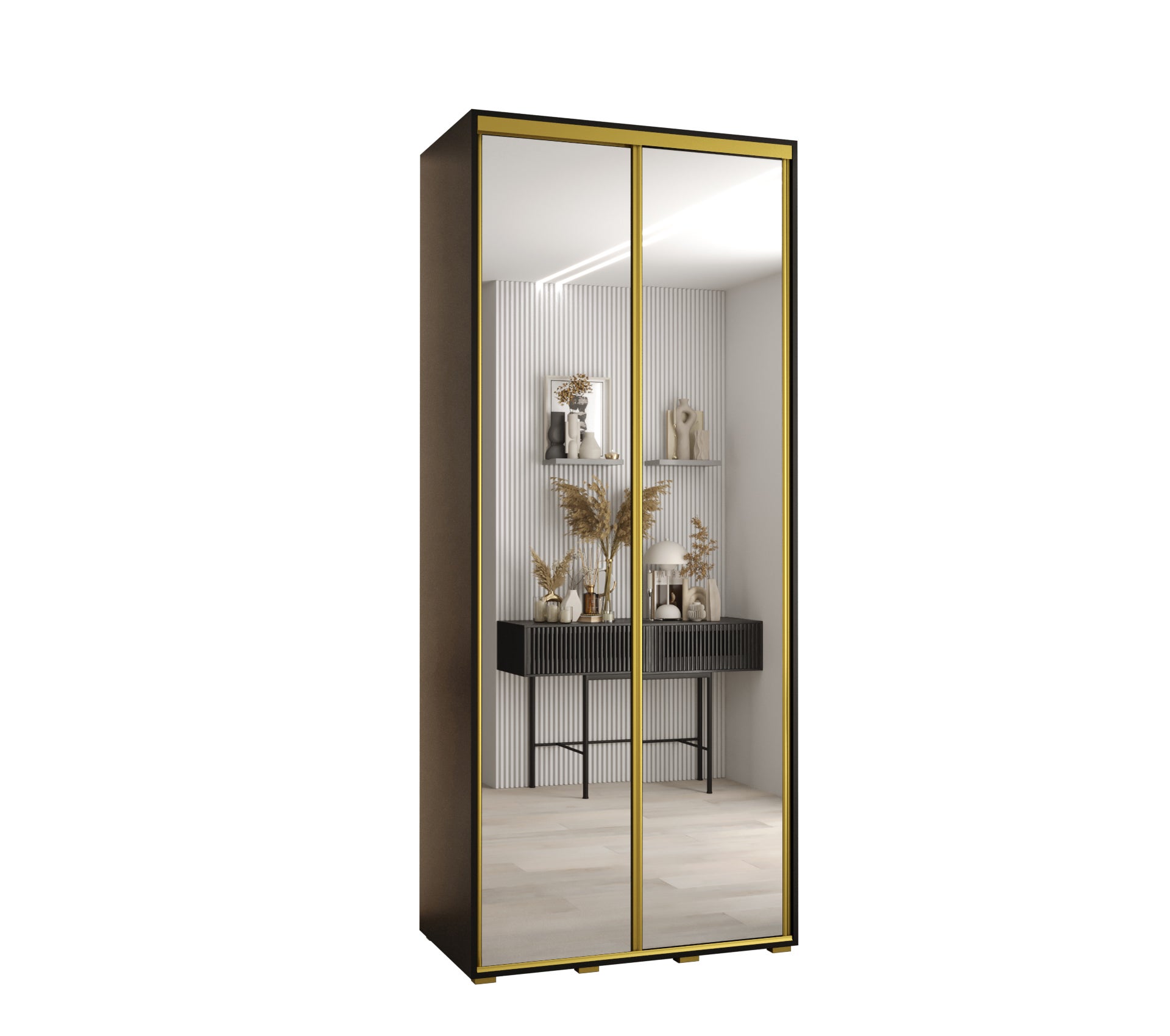 Szafa przesuwna z lustrem wysoka Davos 2 120 x 45 x 235,2 cm czarny + czarny + u. złoty - Abiks Meble