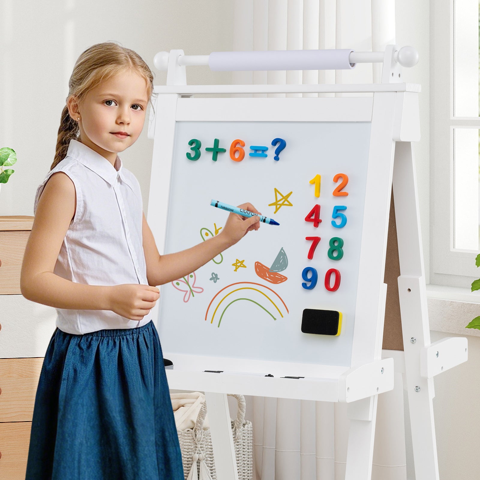 Chevalet Pliable pour Enfants, Double Face avec Tableau Noir et Tableau Blanc Magnétique, Rouleau de Papier Remplaçable, 3 Gobelets, Blanc - 9