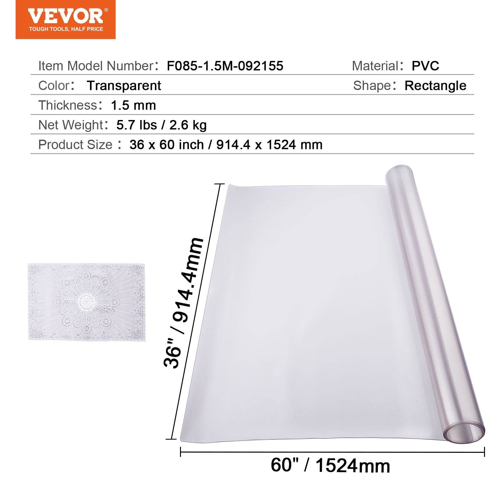 Pellicola protettiva opaca per desktop,VEVOR 36 x 60 pollici,spessore 1,5 mm,rettangolare,PVC,impermeabile,perfetta per uffici,ristoranti - 7