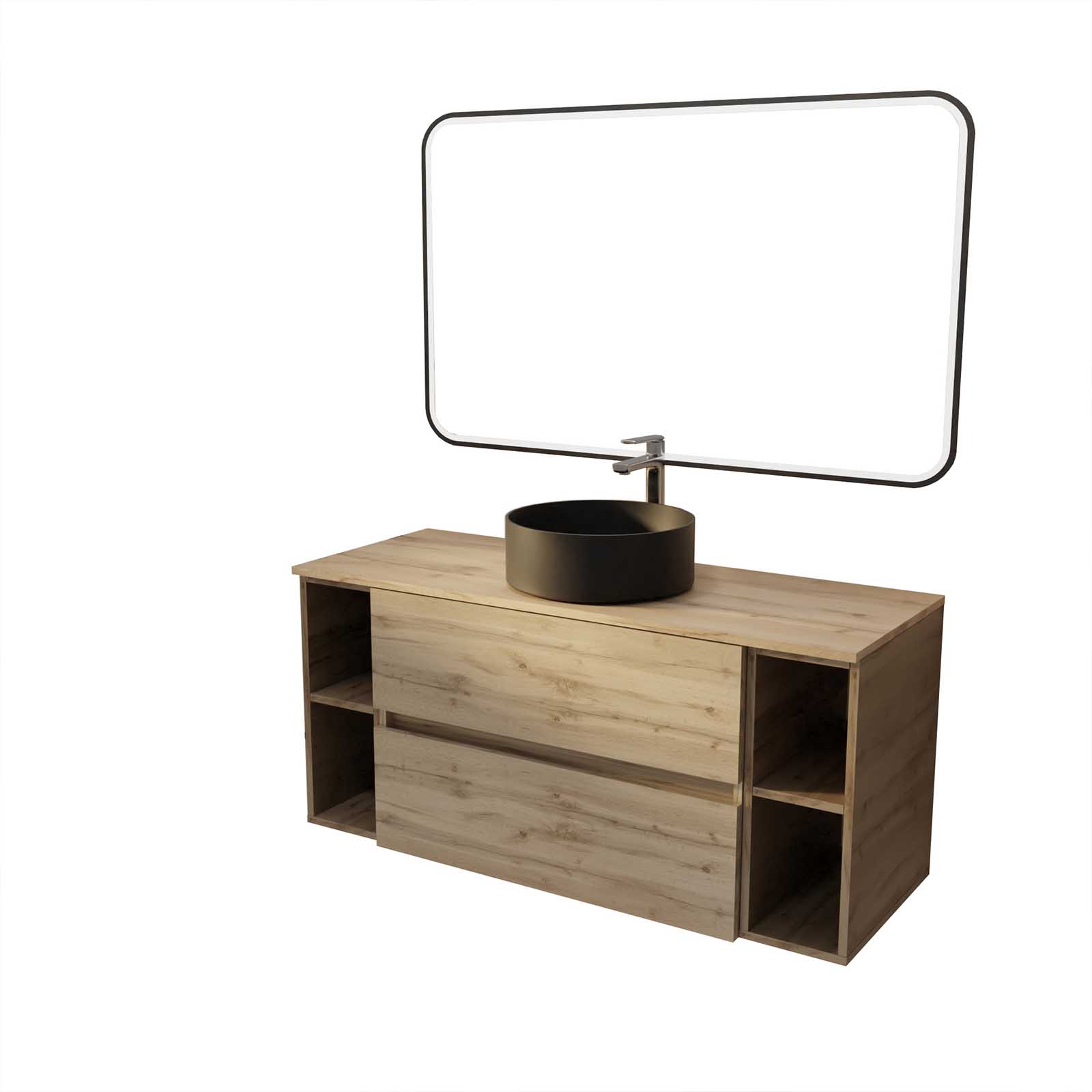 Meuble de salle de bains 120 TIMBER Décor Chêne 2 tiroirs - Vasque noire à poser Miroir LED 120x70 - 2