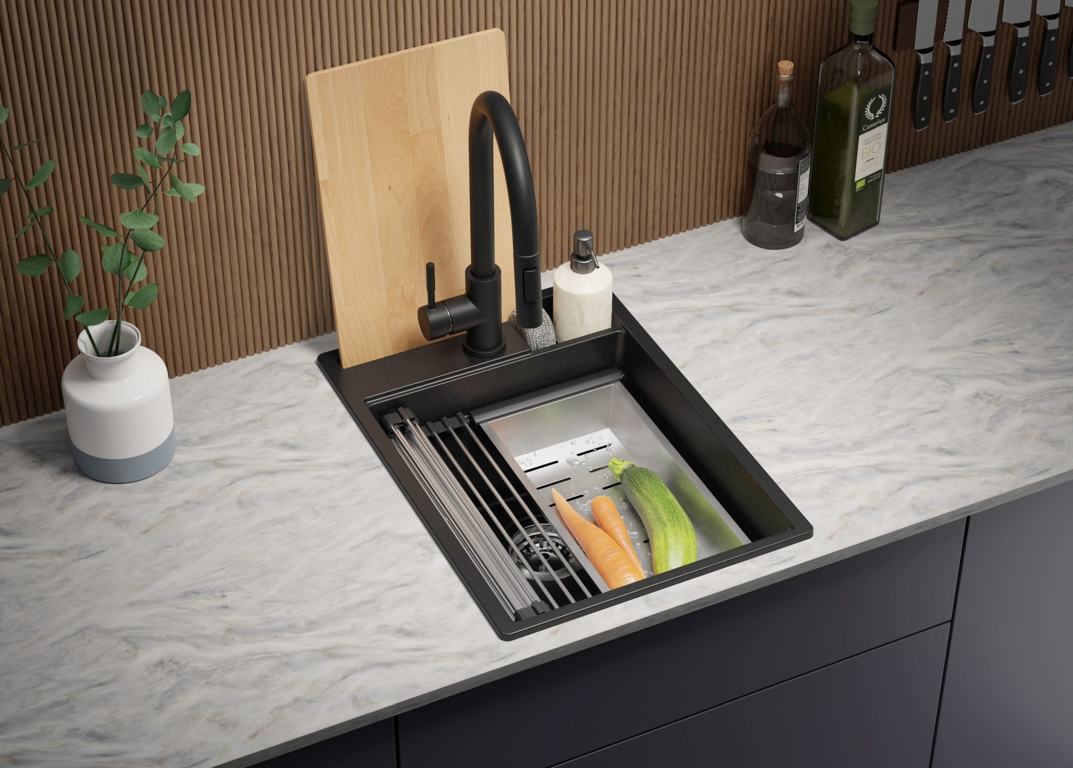 Lavandino da Cucina Nero 38x53cm, Lavello in Granito a 1 vasca + Sifone Classico + Accessori, Lavabo da Cucina Incasso al mobile 40cm PRIMAGRAN - 4